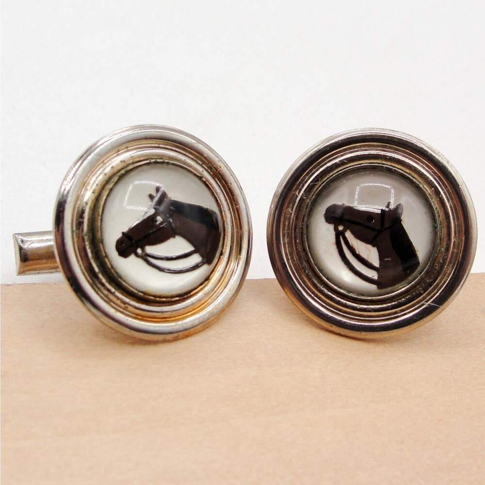 Vintage Silver Reverse Painted Intaglio Glass Horse Head Equestrian Cufflinks